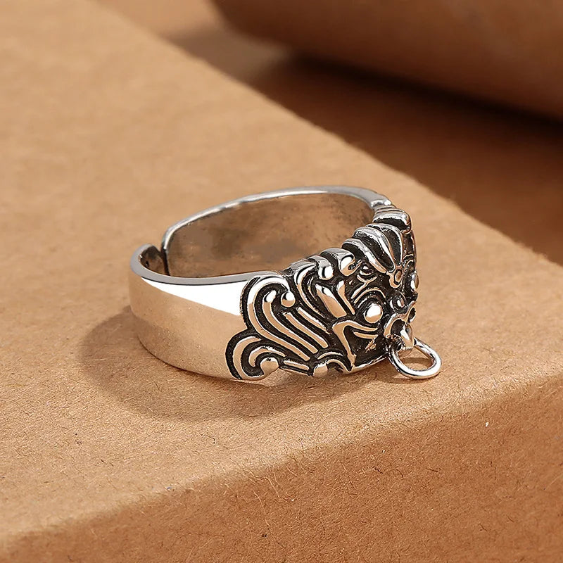 Retro Guardian Taotie Ring For Men Blessing Chinese Mythology Open Ring Unisex Accessories Handmade Designer Jewelry Lover Gift