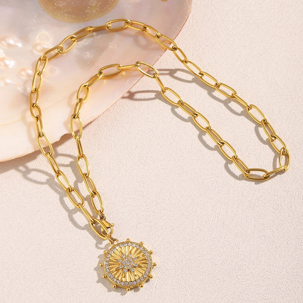 Coin Size Round Eight Pointed Star Pendant Necklace PVD Plated Stainless Steel Women Party Chic Jewelry