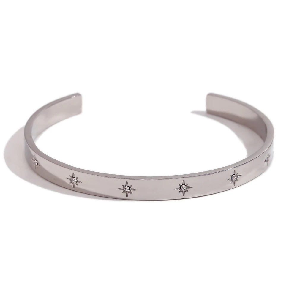 Pulseira Aberta de Aço Inoxidável 316L com Zircônia em Estrela de Oito Pontas para Mulheres, Banhada a Ouro 18K
