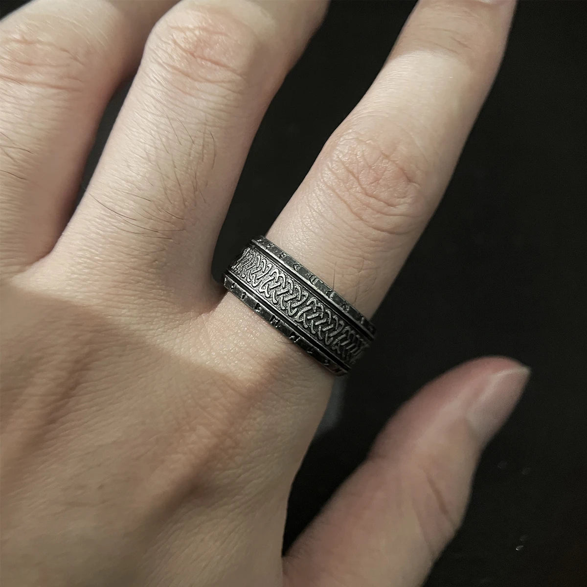 Antique Rune Pattern Engraved Stainless Steel Ring for Men Viking Punk Gothic Edgy Jewelry Mystic Biker Accessories Unisex Gift