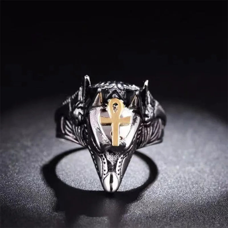 Retro Egypt Anubis Symbol Ring For Men Punk Gothic Rock Hiphop Open Ring Handmade Designer Jewelry Biker Accessories Lover Gift