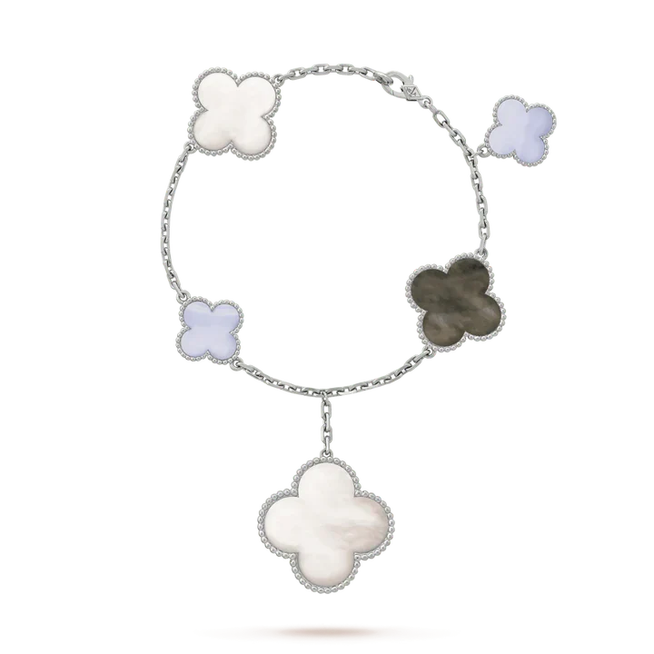 CLOVER 5 MOTIFS SILVER WHITE MOP BRACELET