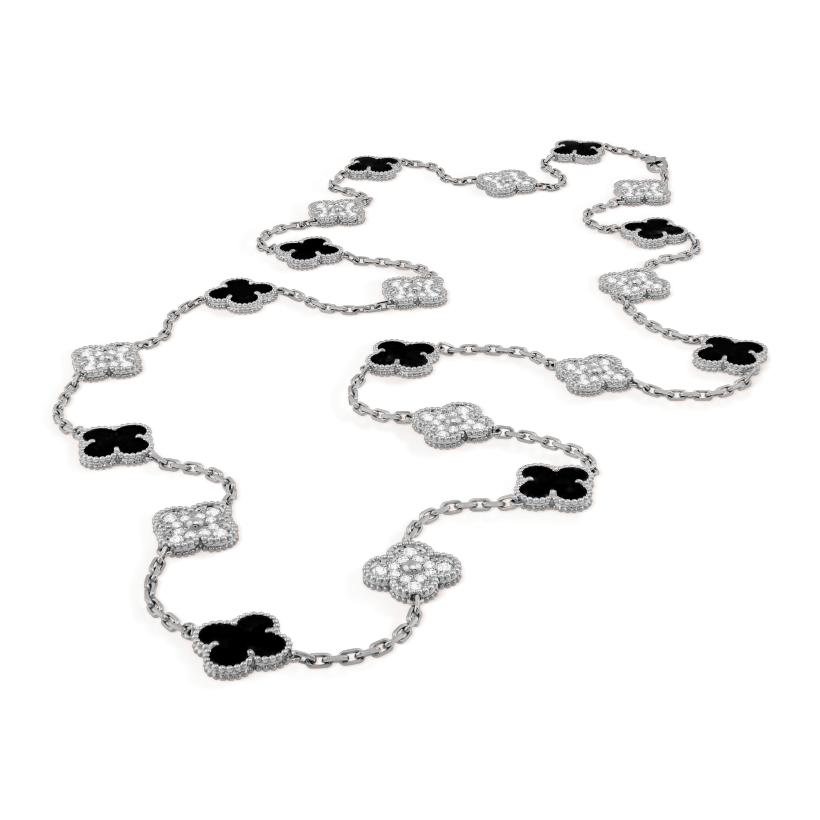 CLOVER 20 MOTIFS ONYX DIAMOND SILVER NECKLACE