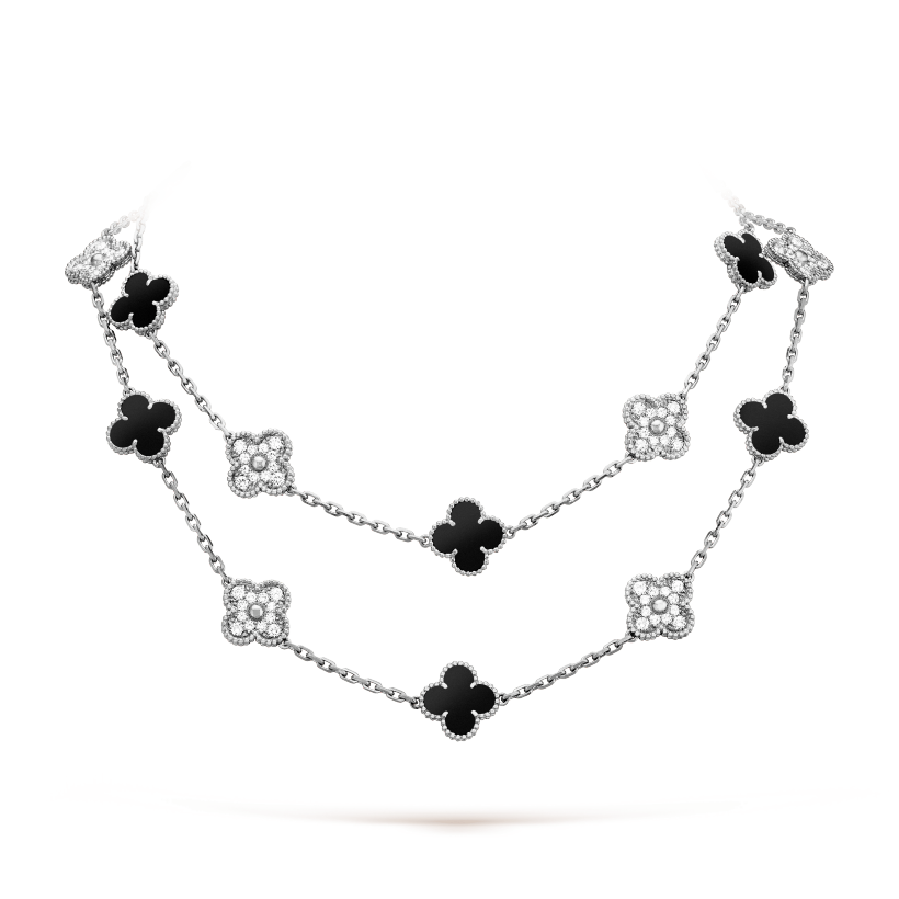 CLOVER 20 MOTIFS ONYX DIAMOND SILVER NECKLACE