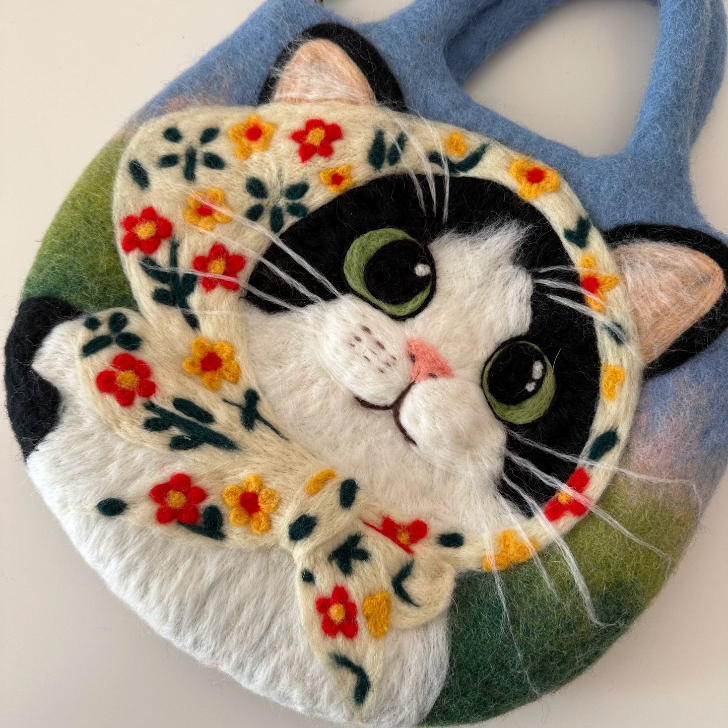 芒僧 尼泊尔进口设计师纯手工碎花头巾奶牛猫羊毛毡手提包