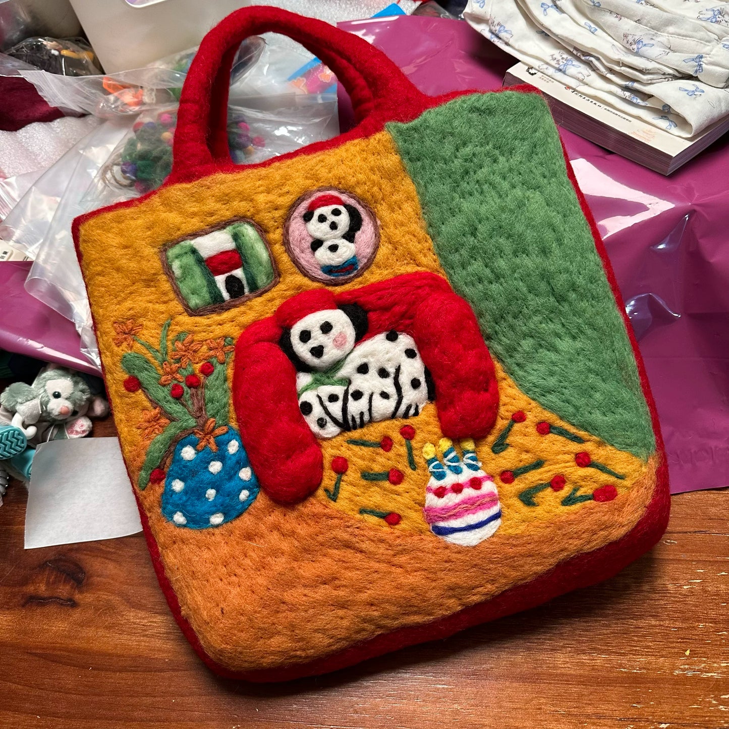 芒僧 尼泊尔进口手工制作生日派对斑点狗羊毛毡手拎包托特包33*32