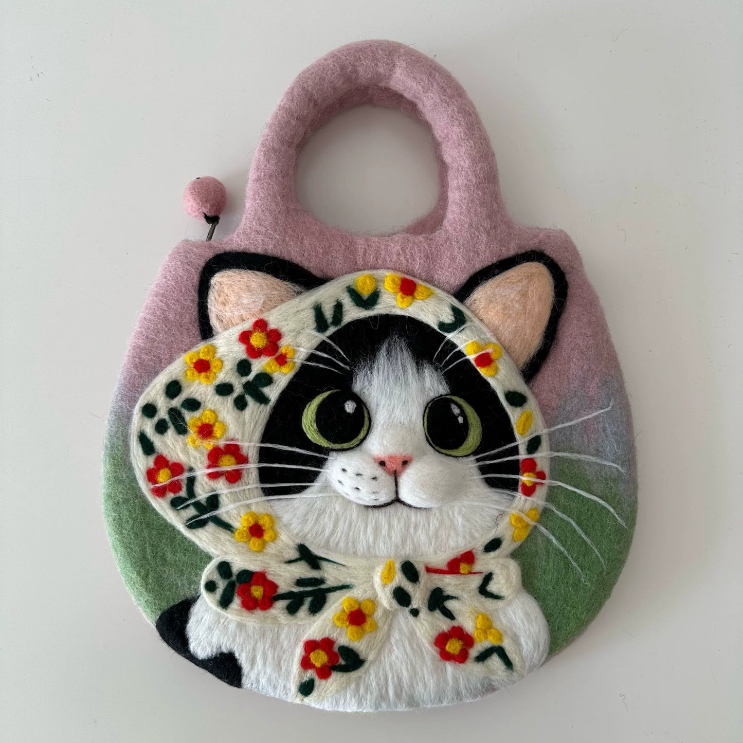 芒僧 尼泊尔进口设计师纯手工碎花头巾奶牛猫羊毛毡手提包