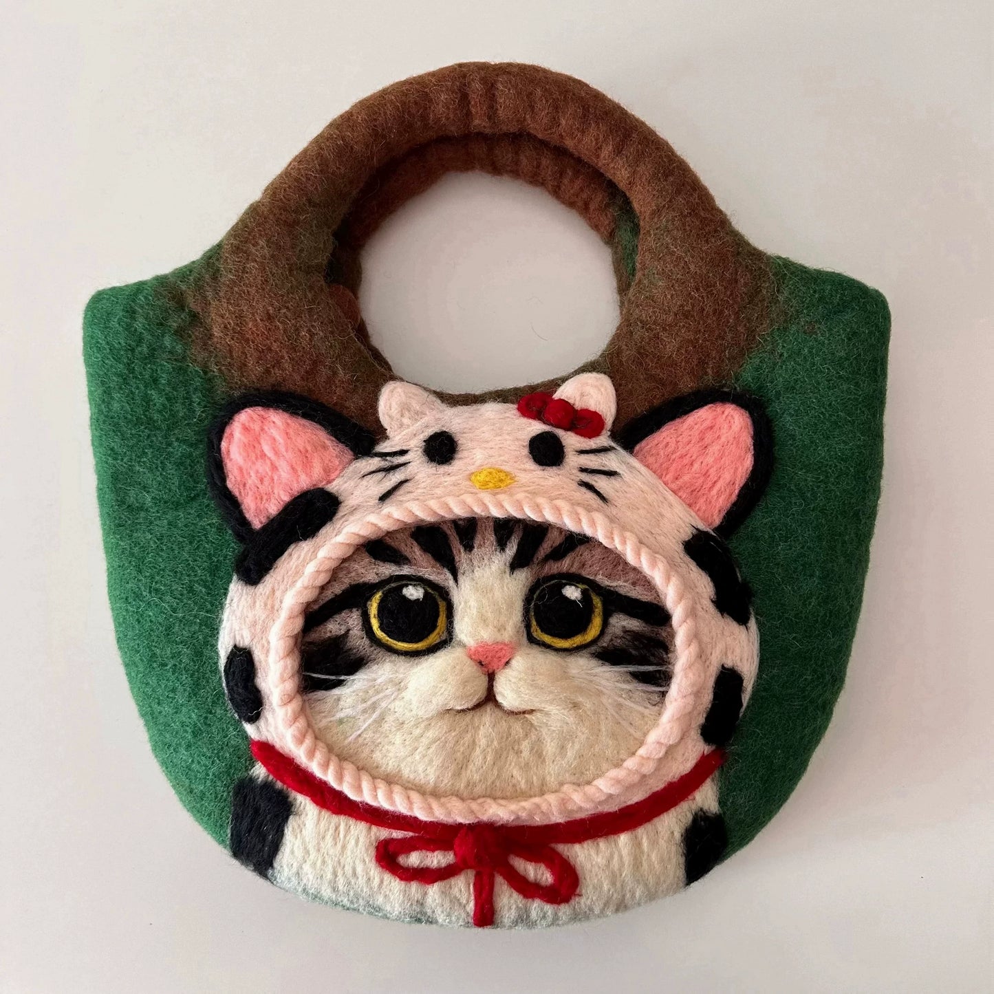 芒僧 尼泊尔进口设计师款纯手工Kitty奶牛头套虎斑猫羊毛毡手提包