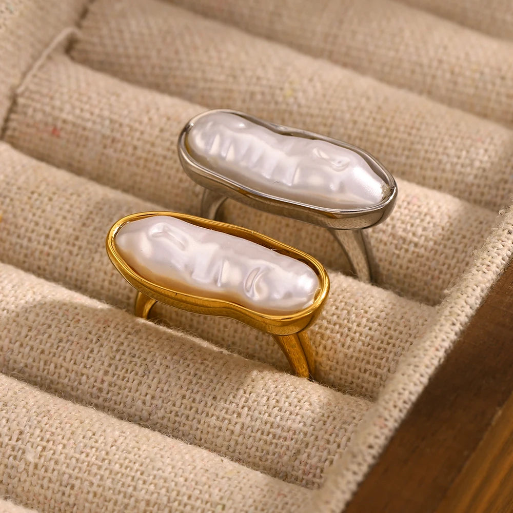 Long Strip Freshwater Pearl Ring 18K Gold Plated Stainless Steel Baroque Waterproof Jewelry Charm