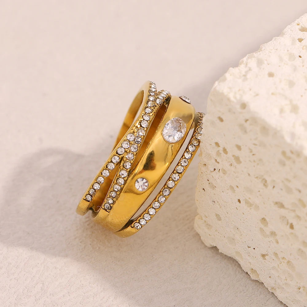 Creative Luxury Multipile Zircon Ring High Quality Stainless Steel 18K Gold Plated Party Statement Jewelry Accessories