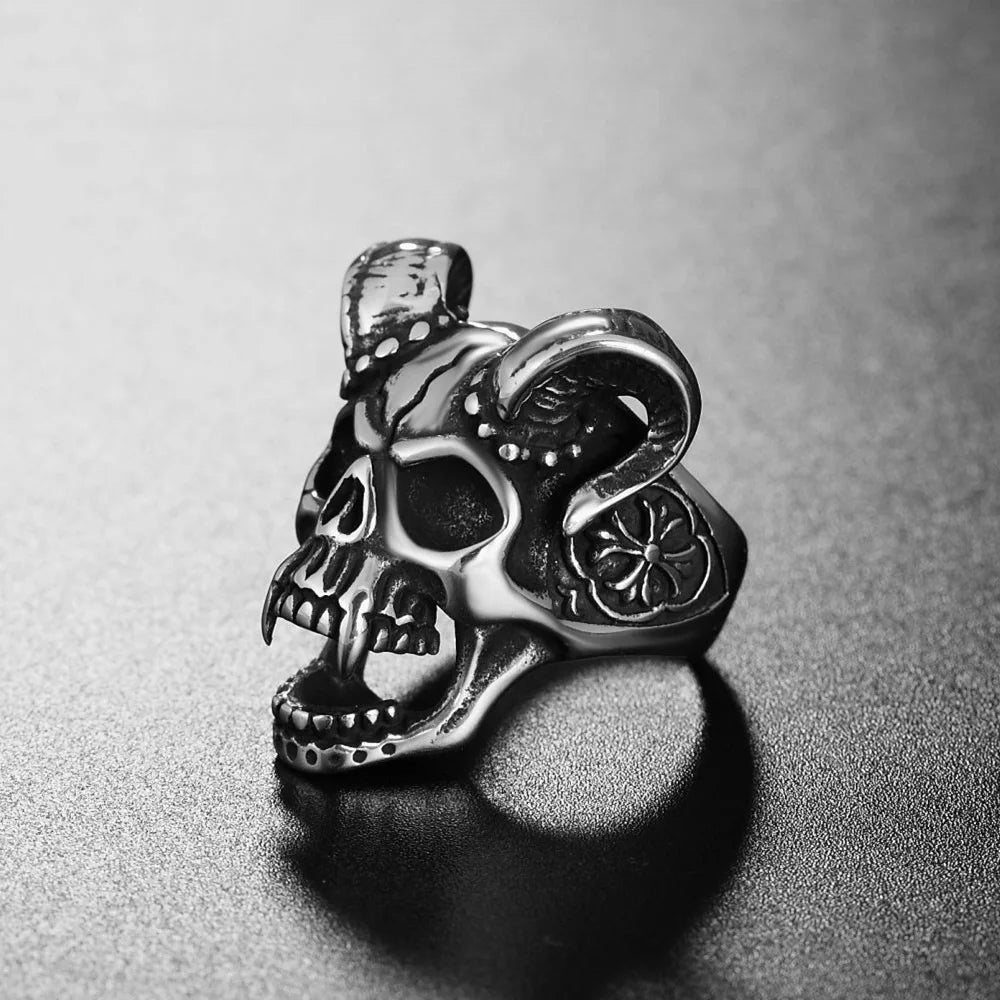 Retro Horn Skull Large Ring For Men Punk Gothic Rock Hiphop Open Ring Biker Accessories Handmade Designer Jewelry Gift For Man