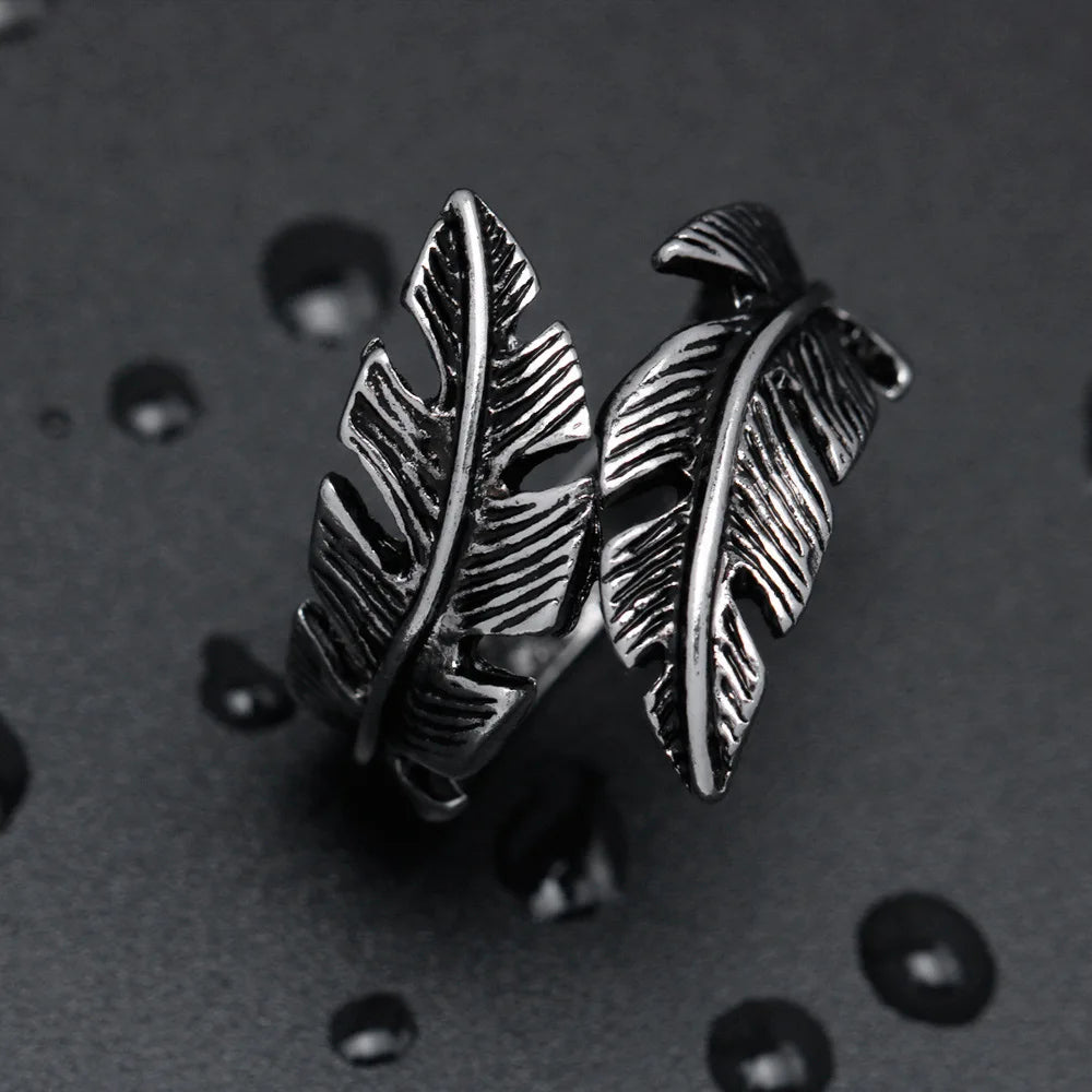 Retro Leaf Feather Ring For Men Women SIlver Color Punk Gothic Open Ring Handmade Designer Jewelry Unisex Accessories Love Gift