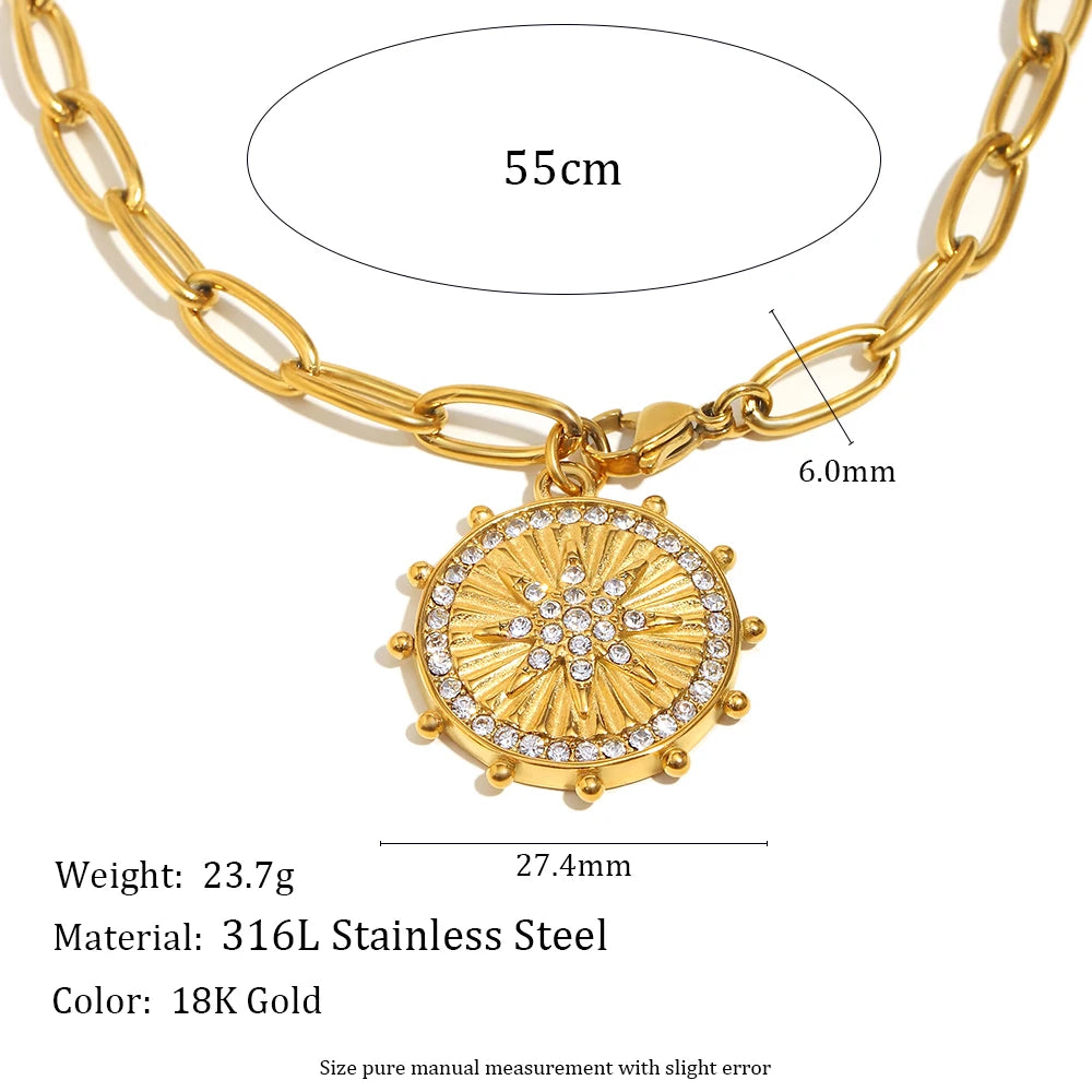 Coin Size Round Eight Pointed Star Pendant Necklace PVD Plated Stainless Steel Women Party Chic Jewelry