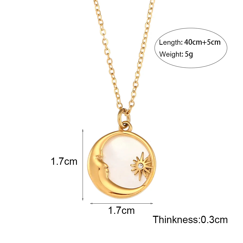 Natural Mother Of Pearl Casting Moon Star Circle Coin Necklace For Woman 18K Gold Plated  Stainless Steel Jewelry
