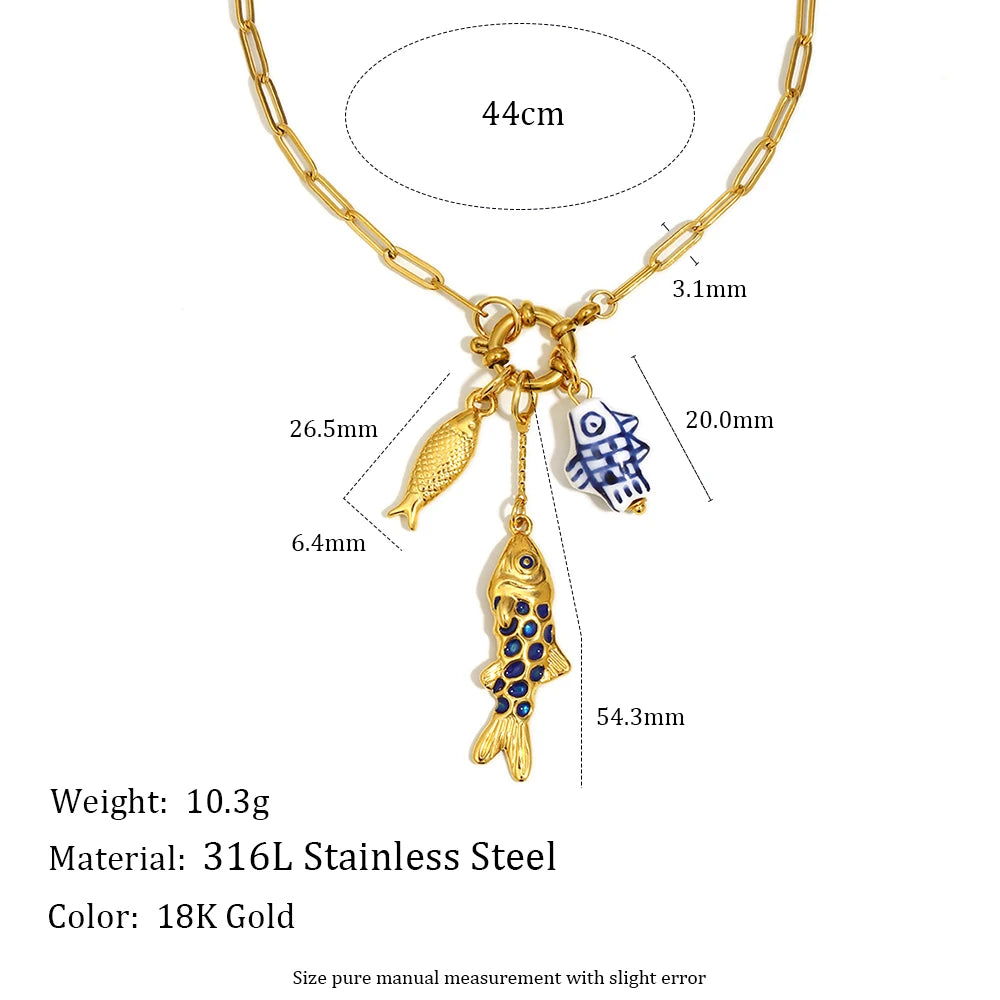 New Design Golden Plated Stainless Steel Waterproof Paper Clip Chain Fish Charm Necklace Women Men Jewelry