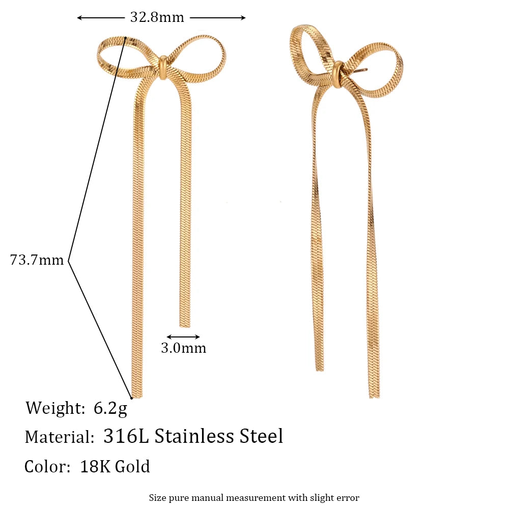 Blade Chain Bow Drop Earrings Tarnish Free 316L Stainless Steel Women's Earrings 18K Gold Plated Decoration