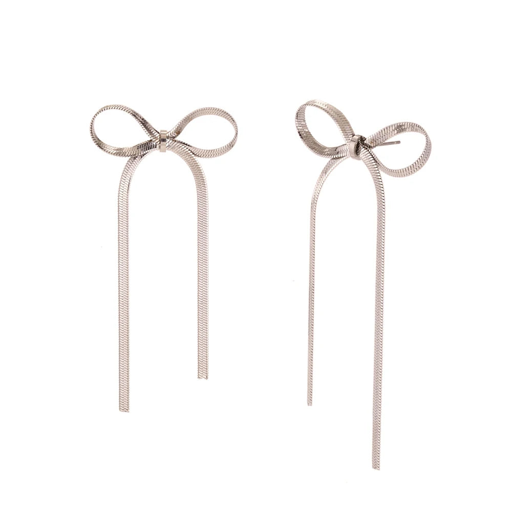 Blade Chain Bow Drop Earrings Tarnish Free 316L Stainless Steel Women's Earrings 18K Gold Plated Decoration
