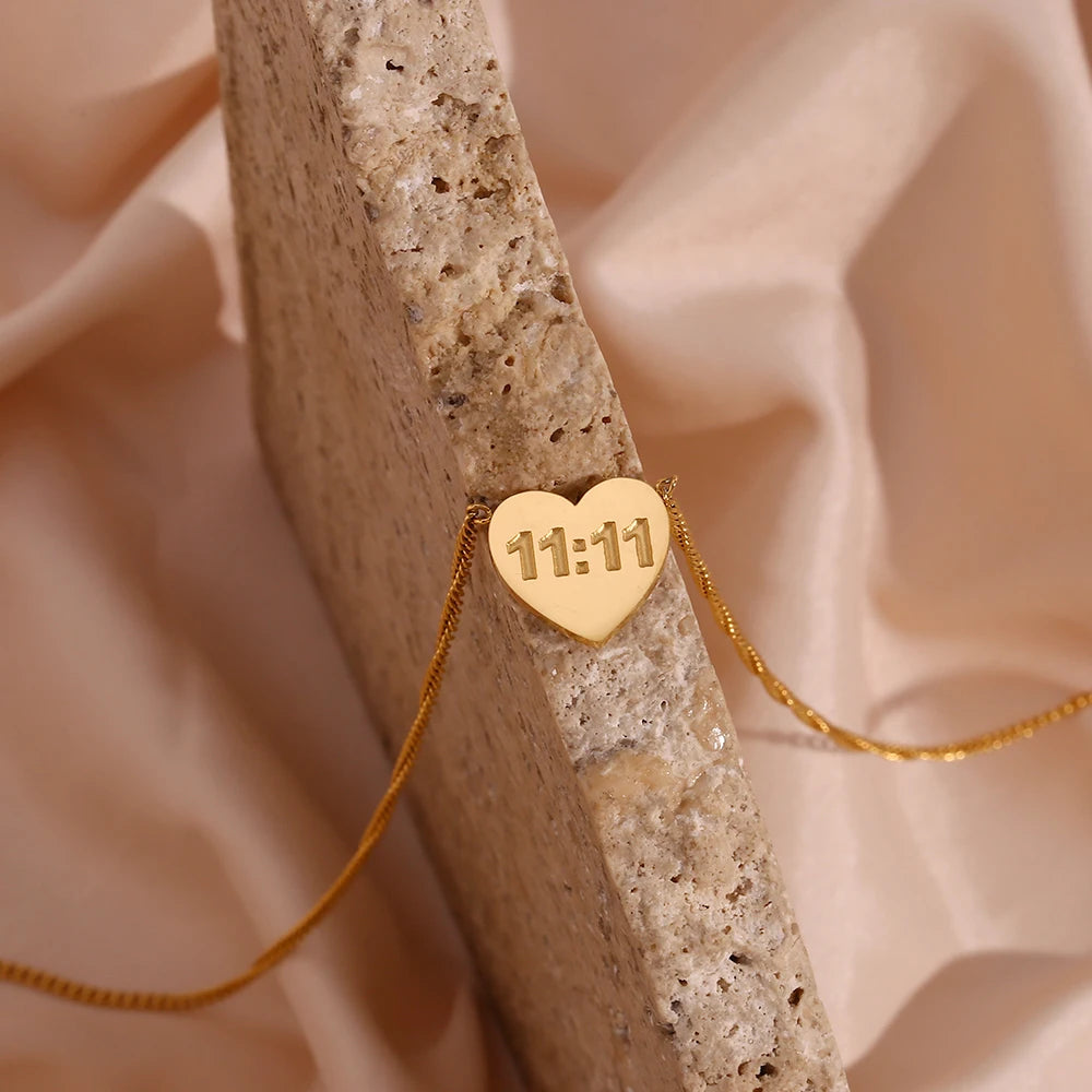 Waterproof New Stainless Steel 18K Gold Plated Jewelry 11:11 Lucky Angel Number Heart Shape Necklace For Women