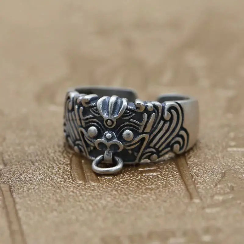 Retro Guardian Taotie Ring For Men Blessing Chinese Mythology Open Ring Unisex Accessories Handmade Designer Jewelry Lover Gift