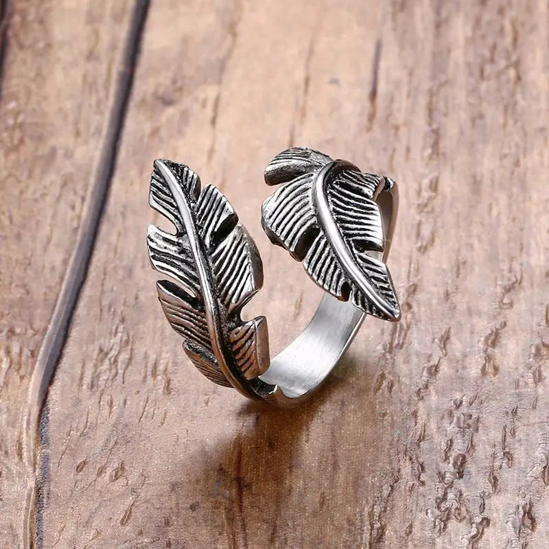 Retro Leaf Feather Ring For Men Women SIlver Color Punk Gothic Open Ring Handmade Designer Jewelry Unisex Accessories Love Gift