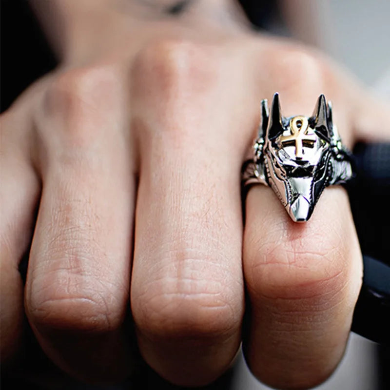 Retro Egypt Anubis Symbol Ring For Men Punk Gothic Rock Hiphop Open Ring Handmade Designer Jewelry Biker Accessories Lover Gift
