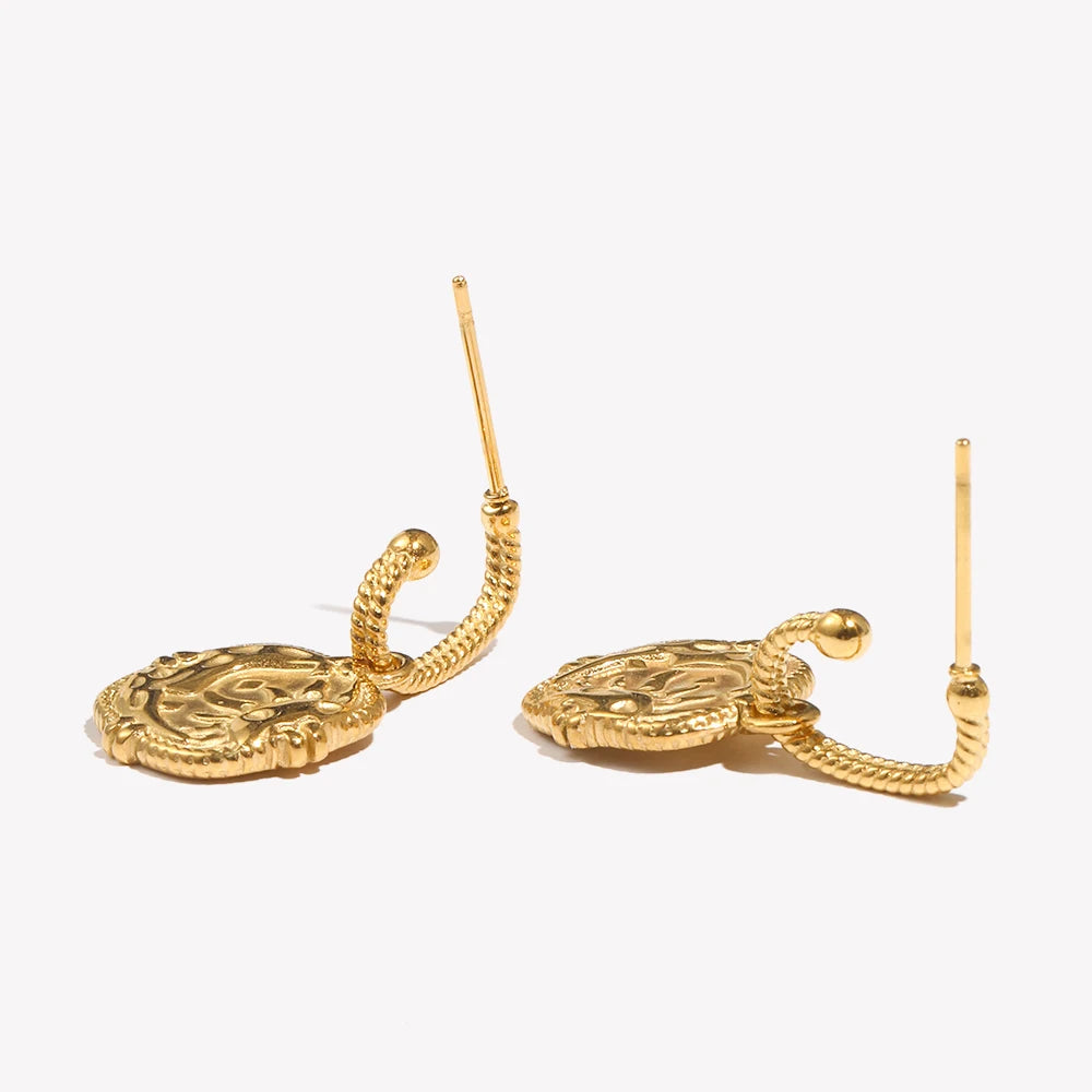 Waterproof Embossment Square Fire Sun Charm Pendant Drop Hoop Earrings Vintage Small Golden Hook Earrings For Women