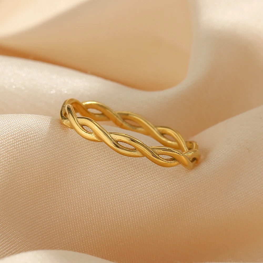 Super Minimalist Braided Twisted Thin Gold Rings For Lady Waterproof Stainless Steel 18K Gold Plated Girl's Ring