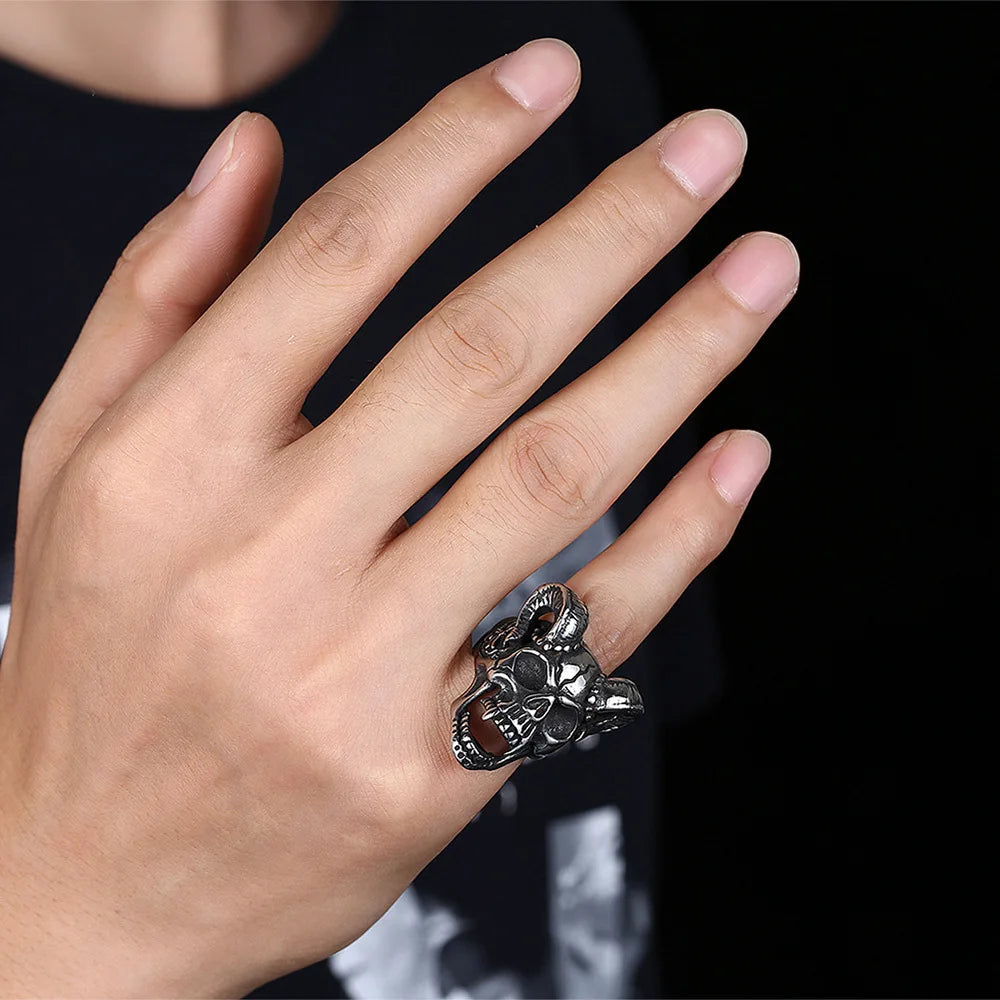 Retro Horn Skull Large Ring For Men Punk Gothic Rock Hiphop Open Ring Biker Accessories Handmade Designer Jewelry Gift For Man