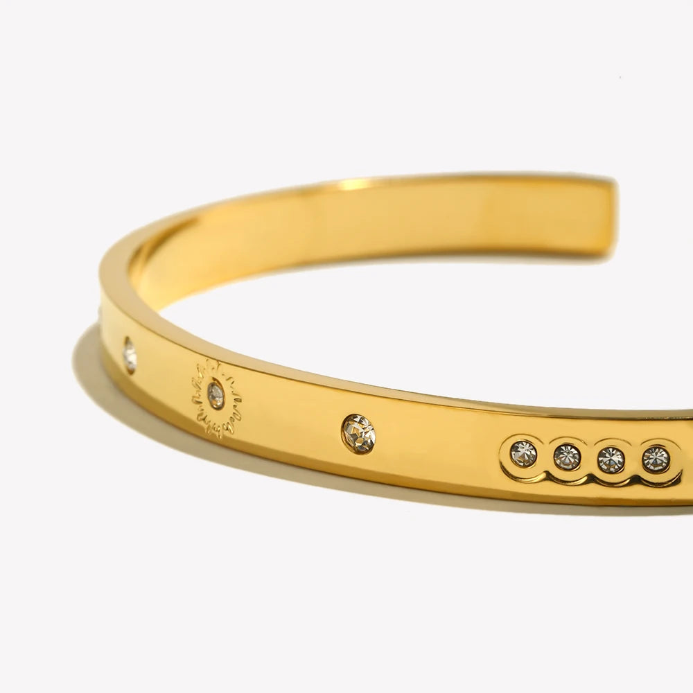 Pulseira Fivela Zircônia Pontilhada Resistente à Água Aço Inoxidável 316L para Mulheres Joia Banhada a Ouro 18K