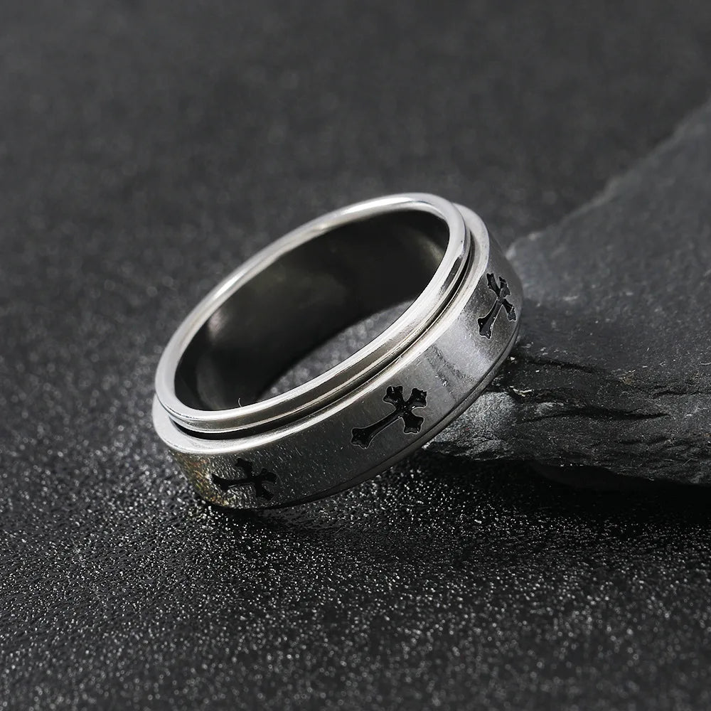 Rotatable Metal Cross Ring For Men Women Silver Color Stainless Steel Ring Punk Gothic Simple Accessories Christian Jewelry Gift