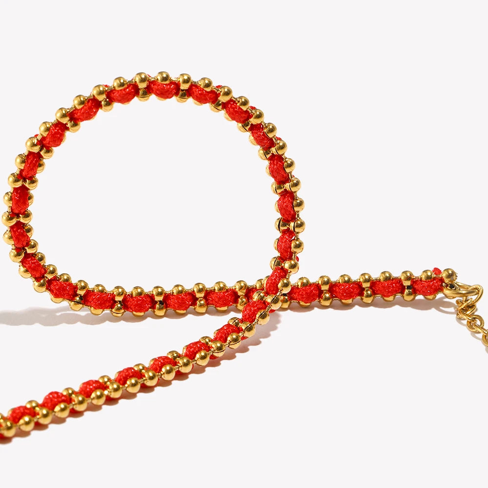 Lucky Red Color Rope Round Beads Bracelet 18K Gold Plated Stainless Steel Women Men Fashion Jewelry Gifts