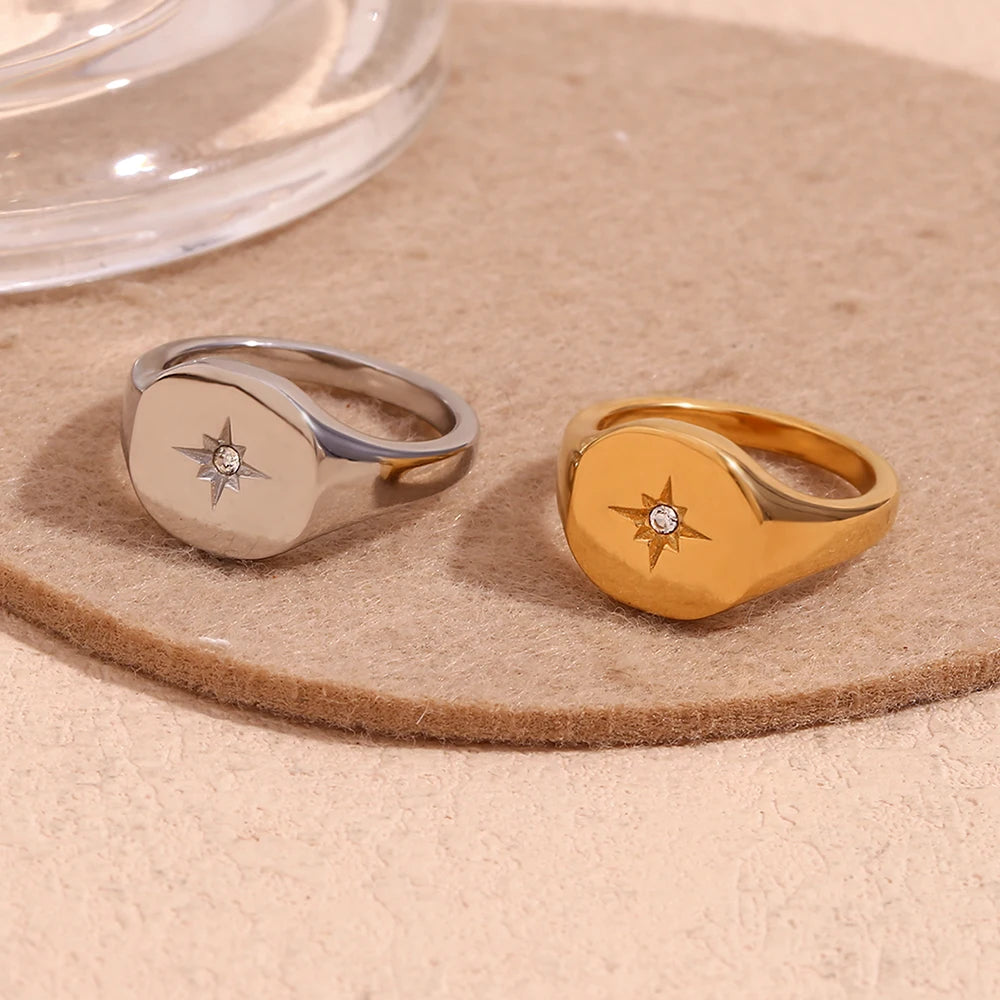 Anel com Selo Estrela Polar Prateado Impermeável Aço Inoxidável 316L Joias Banhadas a Ouro 18K Acessórios