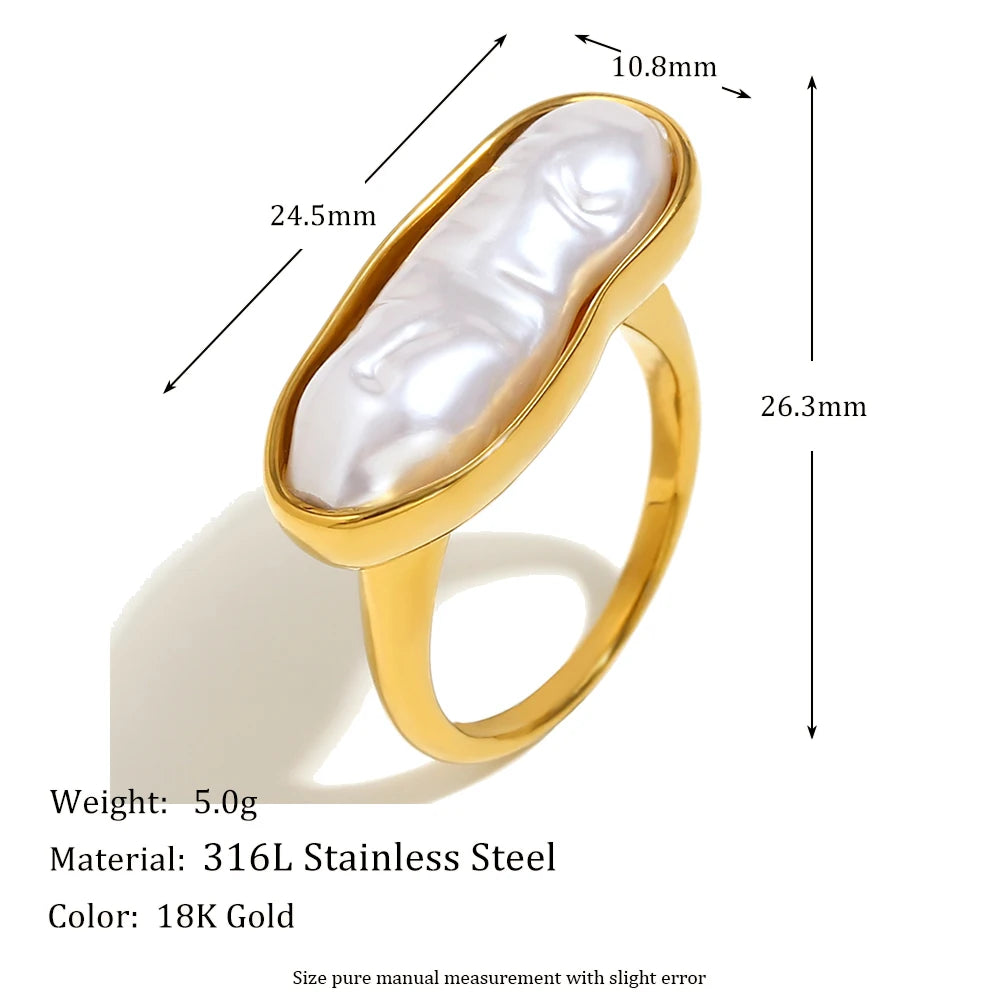 Long Strip Freshwater Pearl Ring 18K Gold Plated Stainless Steel Baroque Waterproof Jewelry Charm