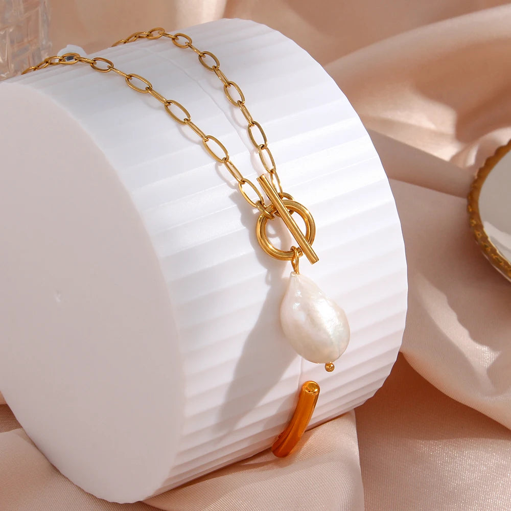 Colar de Pérolas Barrocas de Água Doce com Corrente de Clipe de Papel de Aço Inoxidável e Fecho Toggle Joias de Pérolas Naturais para Mulheres