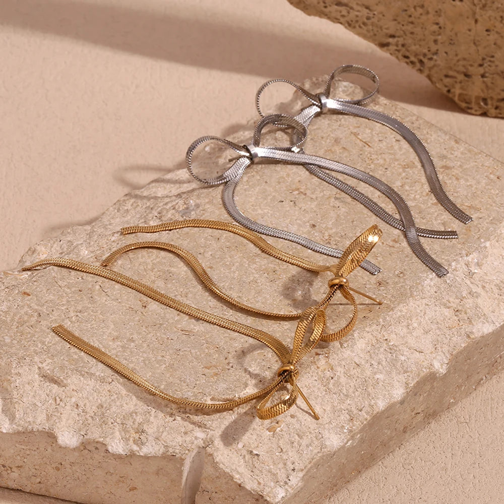 Blade Chain Bow Drop Earrings Tarnish Free 316L Stainless Steel Women's Earrings 18K Gold Plated Decoration