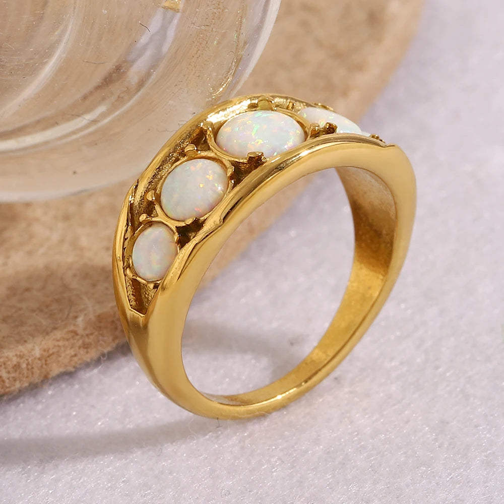New Design Luxury Round Opal Stone Ring Stainless Steel PVD Plating Women Jewelry Accessories