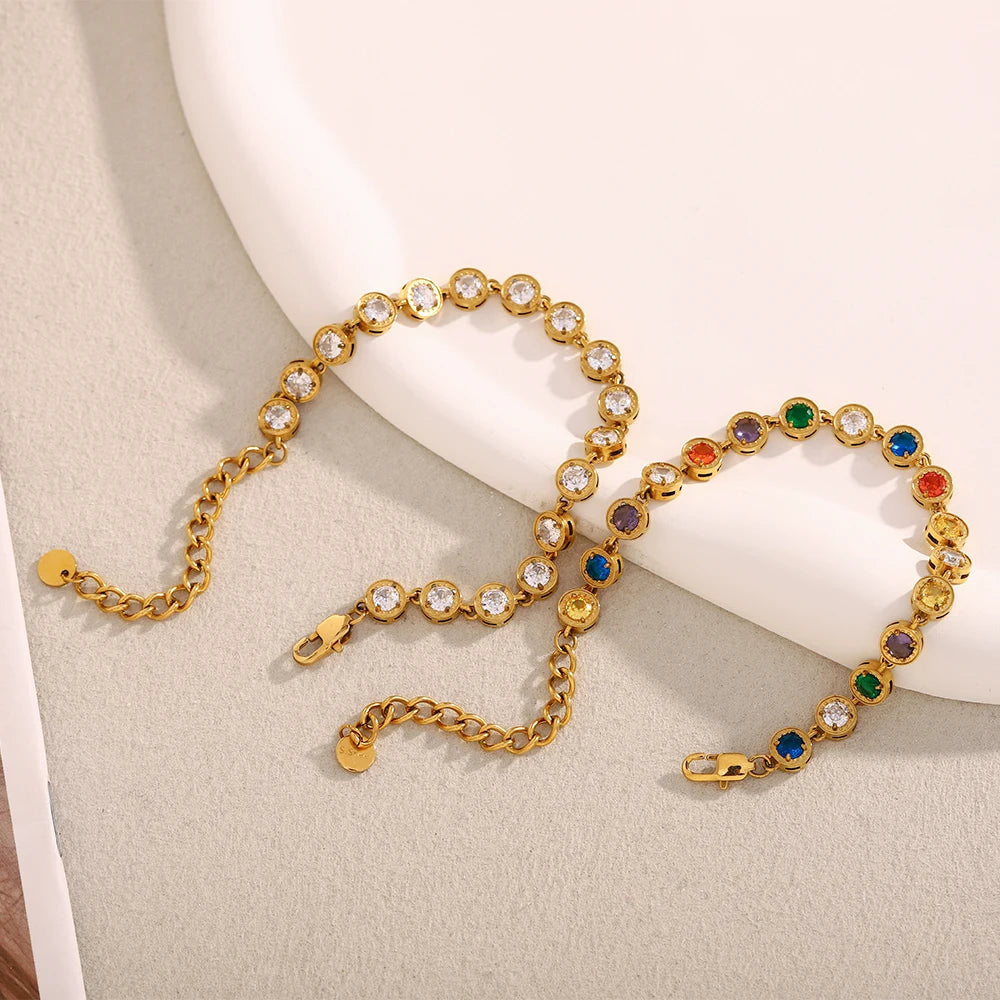 Multicolor Luxury Round Zircon Necklace Bracelet PVD Plated Stainless Steel Classic Style Party Shiny Chic Jewelry