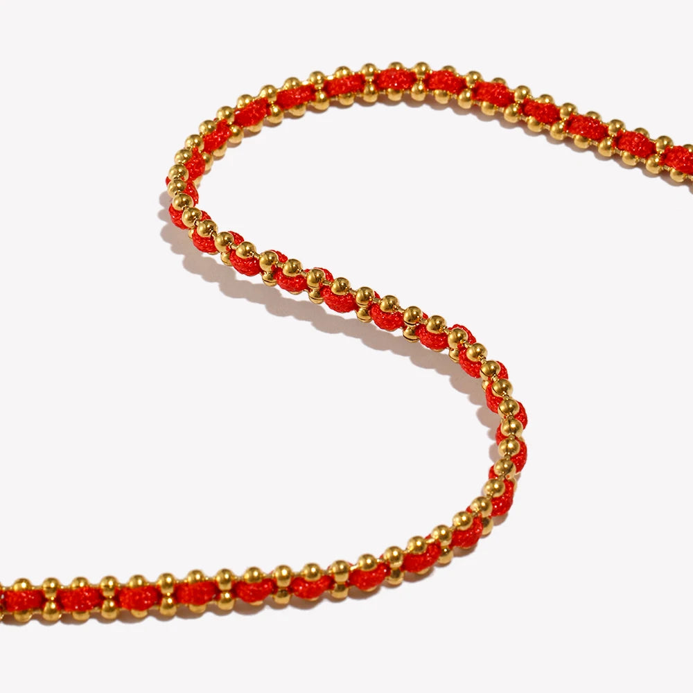 Lucky Red Color Rope Round Beads Bracelet 18K Gold Plated Stainless Steel Women Men Fashion Jewelry Gifts