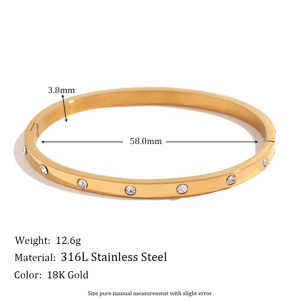 Pulseira Fivela Zircônia Pontilhada Resistente à Água Aço Inoxidável 316L para Mulheres Joia Banhada a Ouro 18K