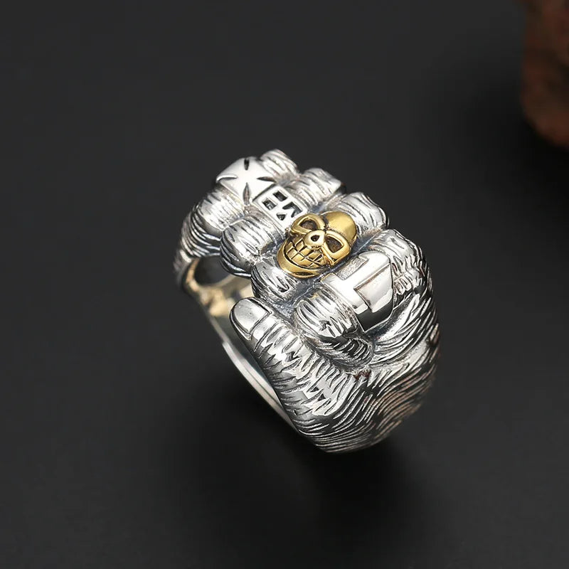 Retro Golden Skull Fist Ring For Men Punk Gothic Rock Hiphop Open Ring Handmade Unisex Jewelry Bikers Accessories Lovers Gift