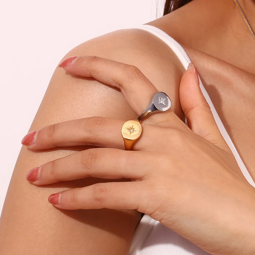 Anel com Selo Estrela Polar Prateado Impermeável Aço Inoxidável 316L Joias Banhadas a Ouro 18K Acessórios
