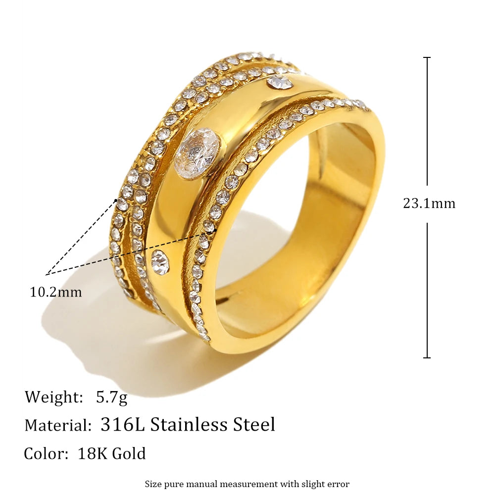 Creative Luxury Multipile Zircon Ring High Quality Stainless Steel 18K Gold Plated Party Statement Jewelry Accessories