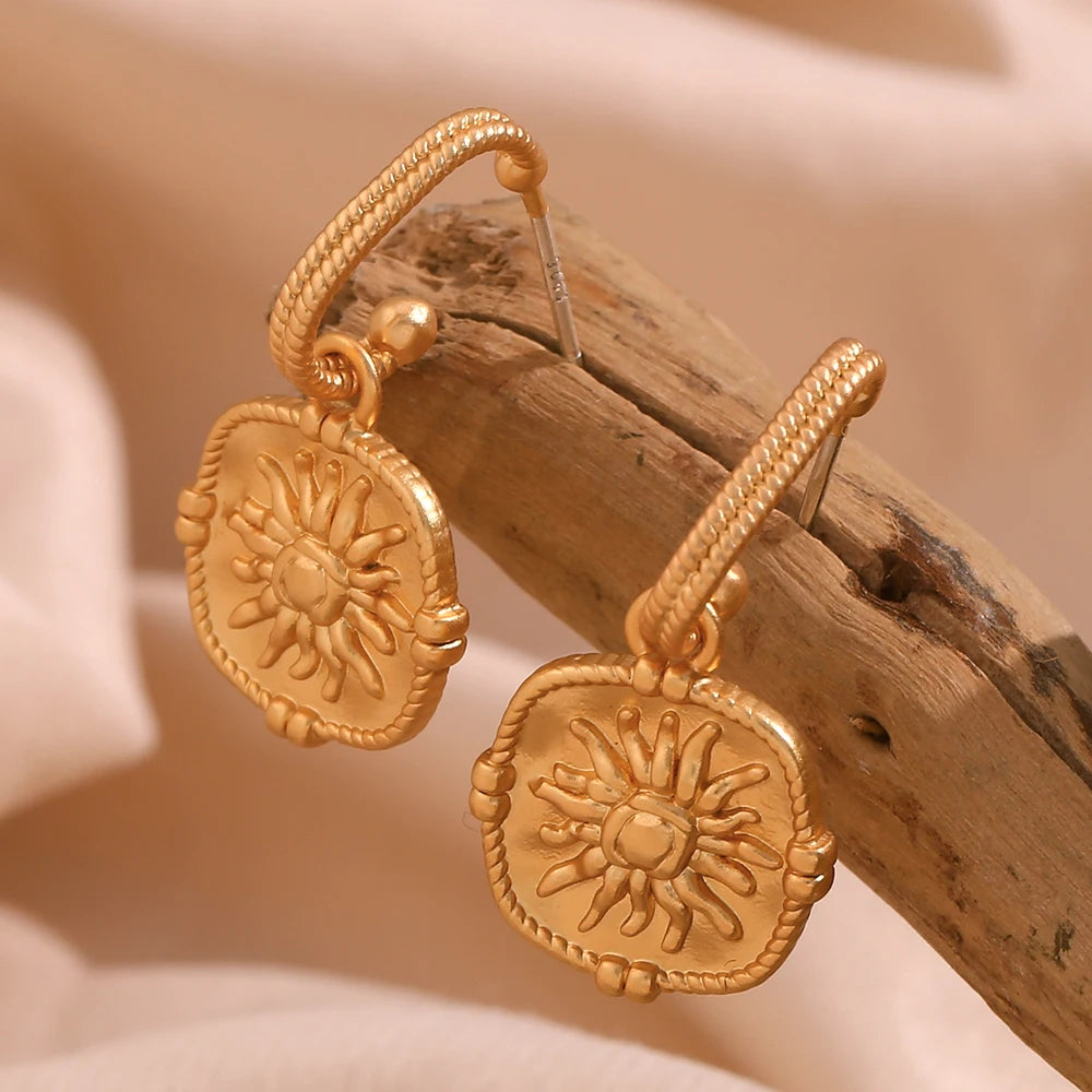 Waterproof Embossment Square Fire Sun Charm Pendant Drop Hoop Earrings Vintage Small Golden Hook Earrings For Women