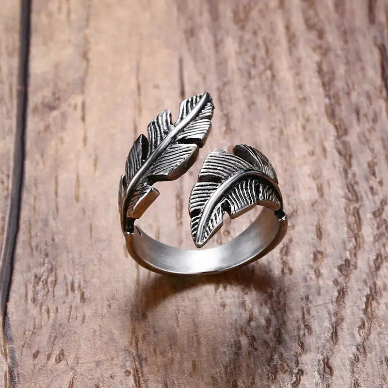 Retro Leaf Feather Ring For Men Women SIlver Color Punk Gothic Open Ring Handmade Designer Jewelry Unisex Accessories Love Gift