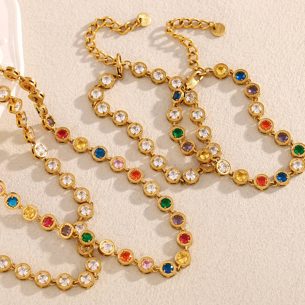 Multicolor Luxury Round Zircon Necklace Bracelet PVD Plated Stainless Steel Classic Style Party Shiny Chic Jewelry