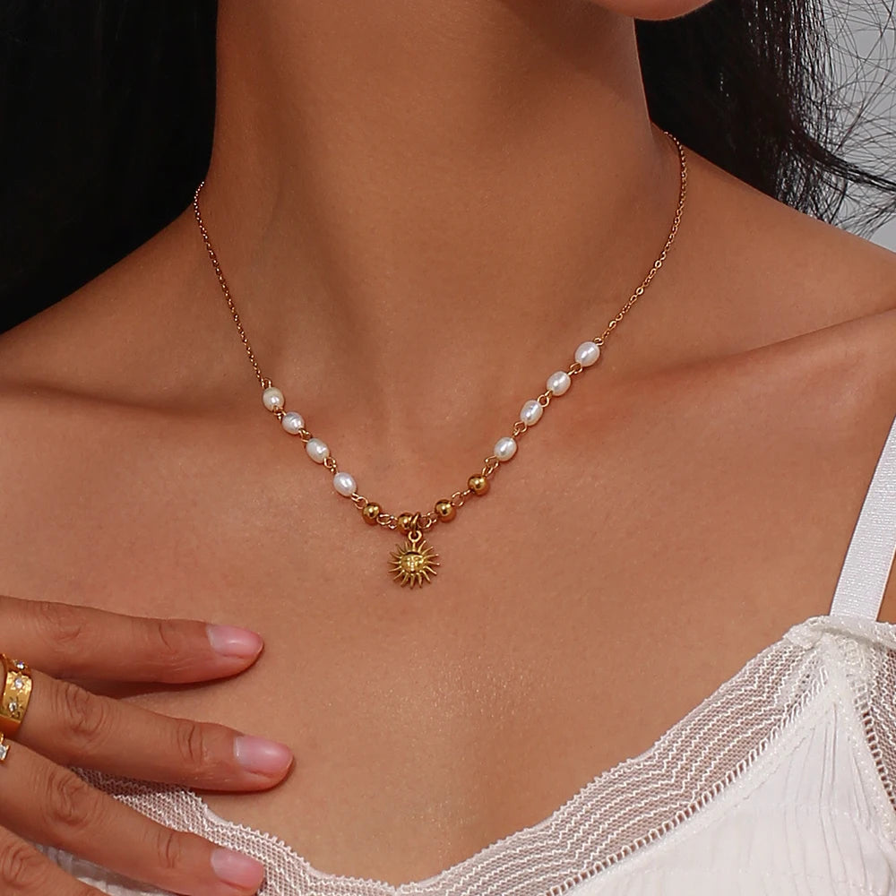 Freshwater Pearl Gold Color Beads Chain Stainless Steel Necklace Optimistic Sun Pendant Necklace For Woman Gift