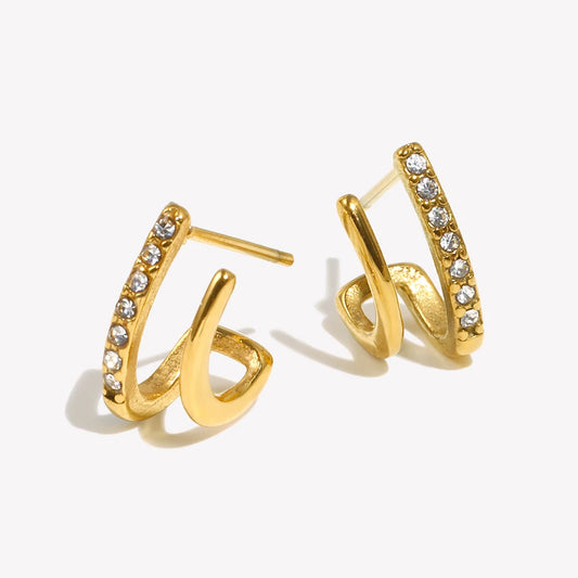 Brincos de argola duplos vazados com cristais para mulheres Pequenos brincos de pino de aço inoxidável banhados a ouro