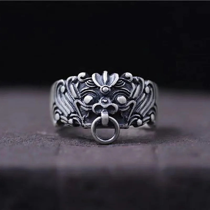Retro Guardian Taotie Ring For Men Blessing Chinese Mythology Open Ring Unisex Accessories Handmade Designer Jewelry Lover Gift