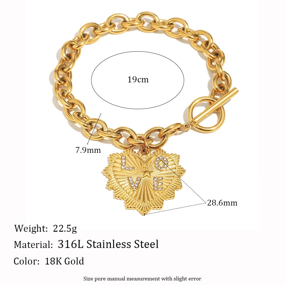 New Exaggerated OT Buckle Rhinestone “LOVE” Heart Buckle Necklace Bracelet 18K Gold Plated Stainless Steel Jewelry Set