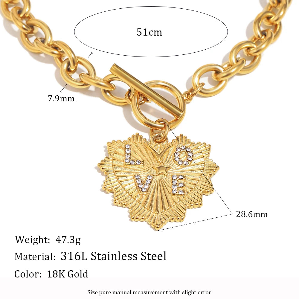 New Exaggerated OT Buckle Rhinestone “LOVE” Heart Buckle Necklace Bracelet 18K Gold Plated Stainless Steel Jewelry Set